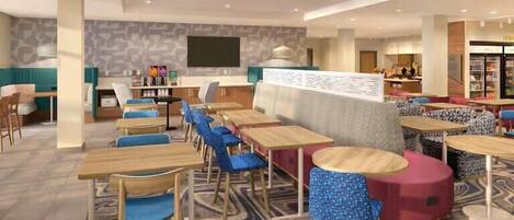 Un moderno vestíbulo de hotel con diversas opciones de asientos, incluyendo mesas y sillas, una recepción y una zona de bar visible.