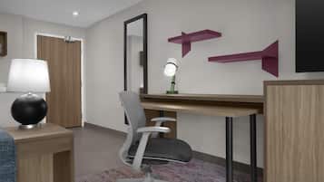 A modern office space with a desk, chair, lamp, mirror, and decorative wall elements.