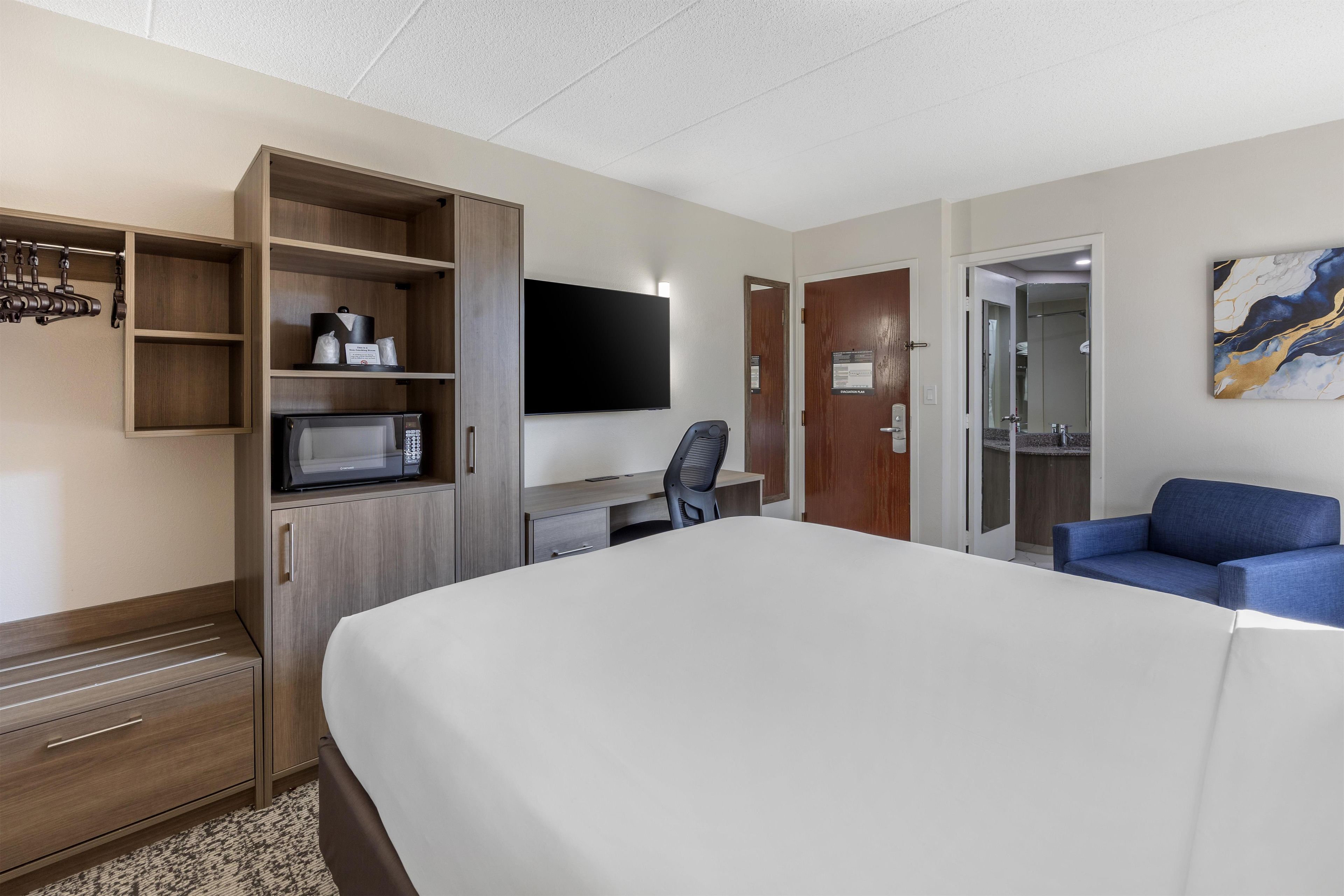 A hotel room with a bed, a desk, a television, a chair, a wardrobe, and a bathroom.