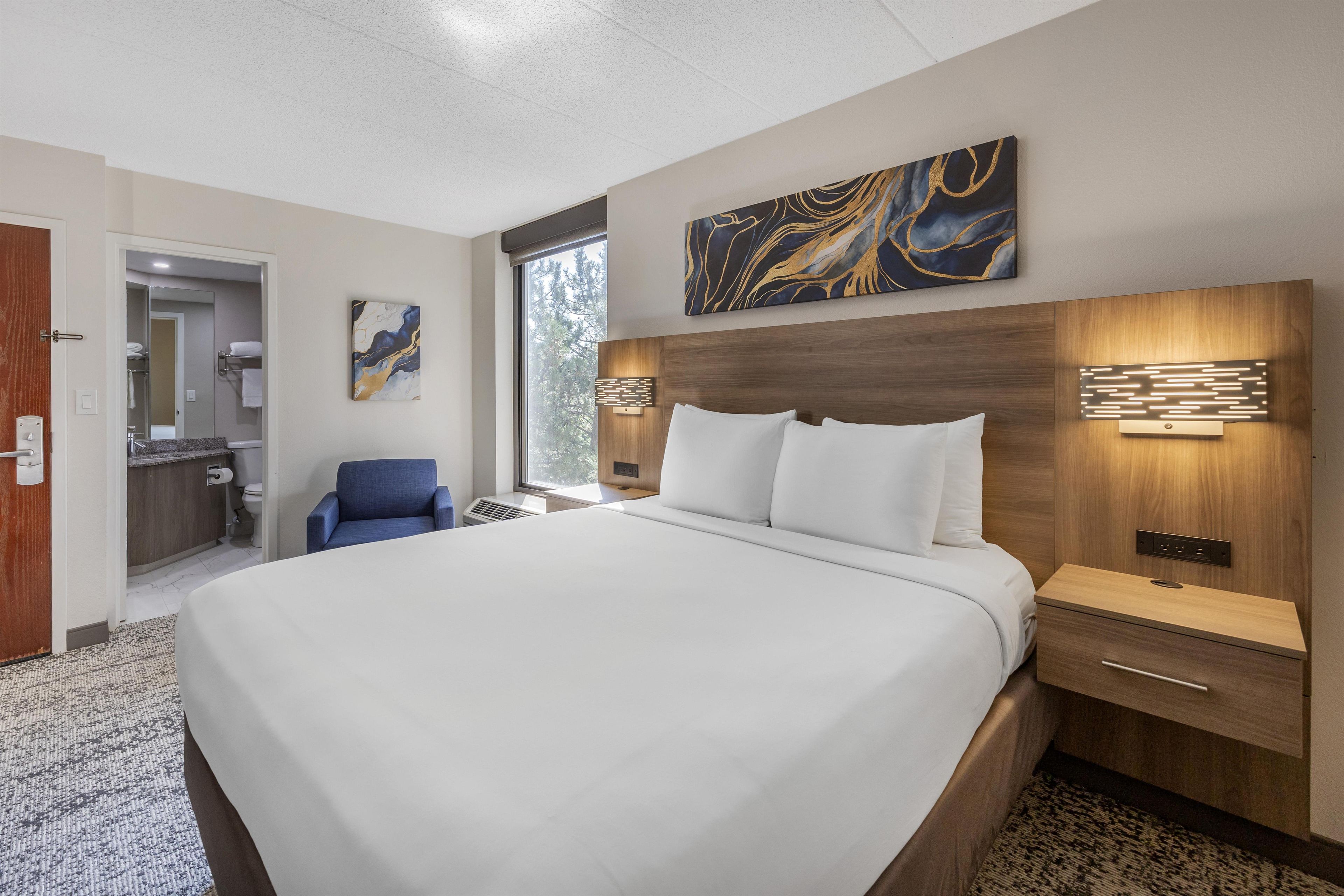 A hotel room with a large bed, a wooden headboard, a nightstand, a wall-mounted lamp, and a painting above the bed.