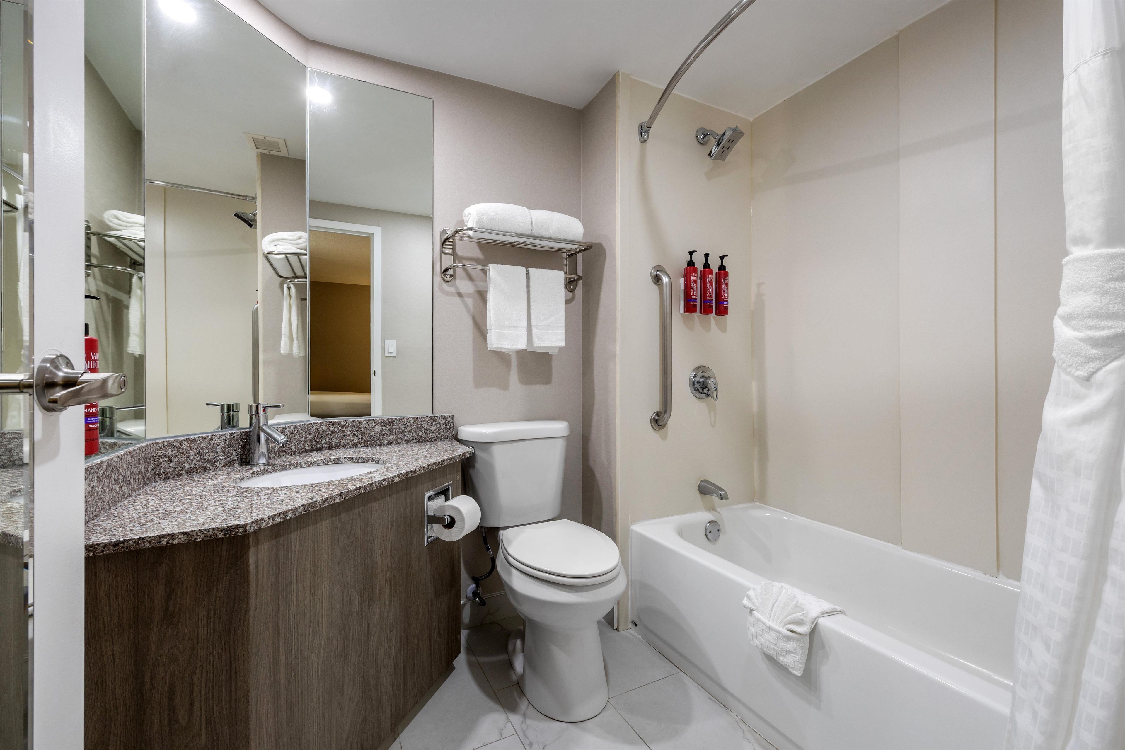 Un baño moderno con encimera de granito, inodoro, ducha con puerta de vidrio y bañera.