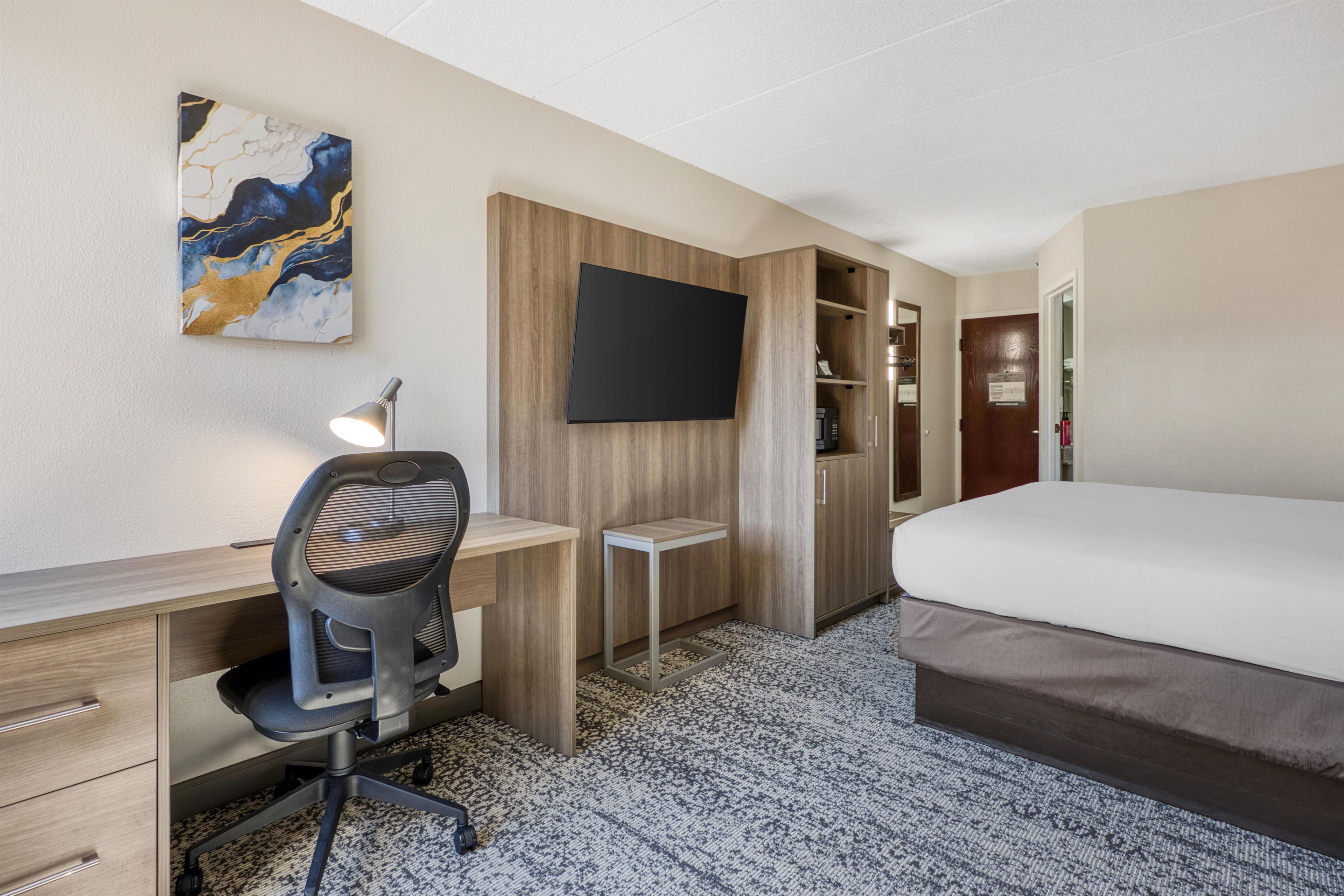 A hotel room with a bed, desk, chair, TV, wardrobe, and a carpeted floor.