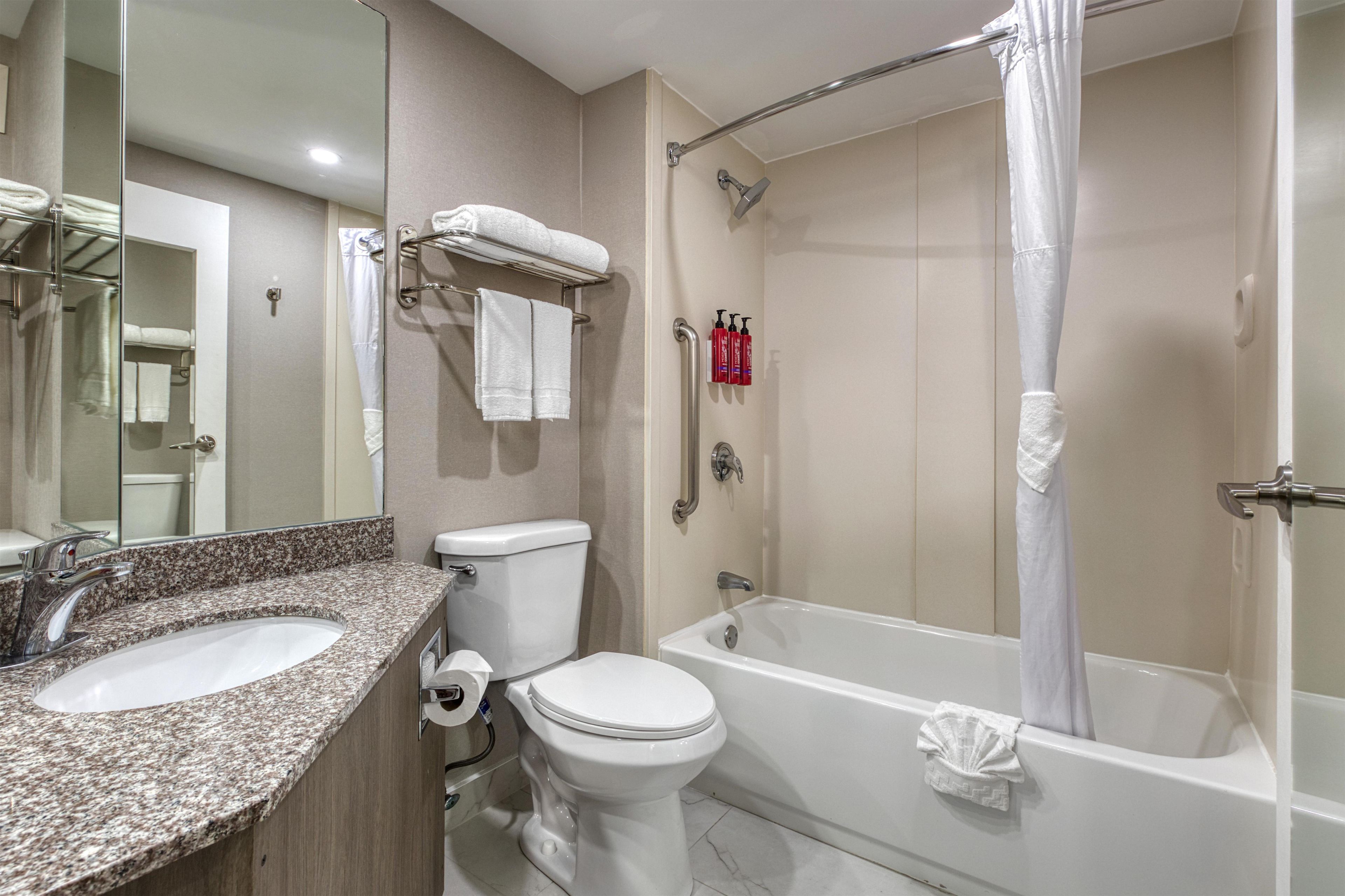 Un baño con lavamanos de granito, inodoro, bañera y cortina de ducha.