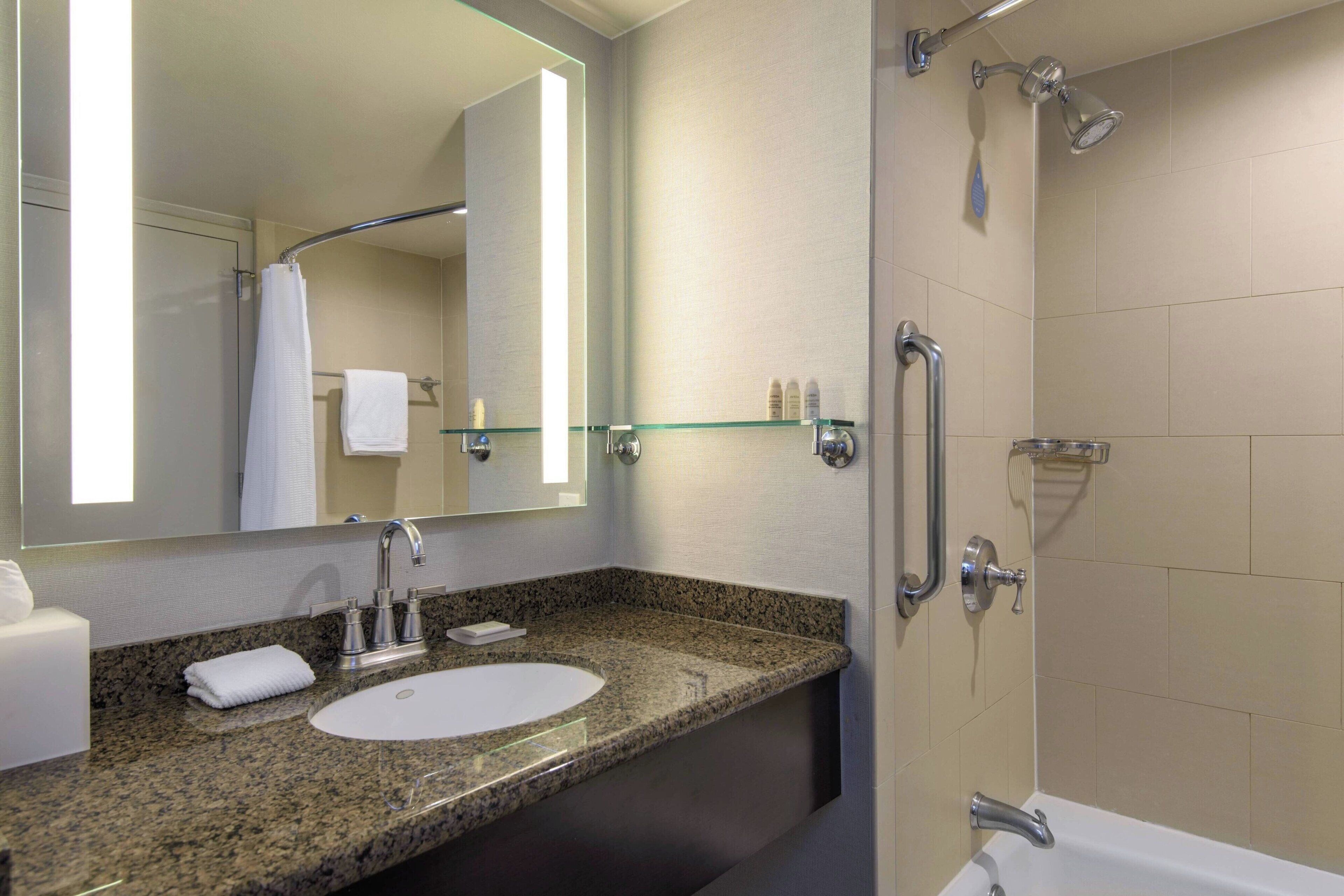 Ein modernes Badezimmer mit einer Granit-Arbeitsplatte, einem weißen Waschbecken, einer Duschkabine aus Glas und einem großen Spiegel.