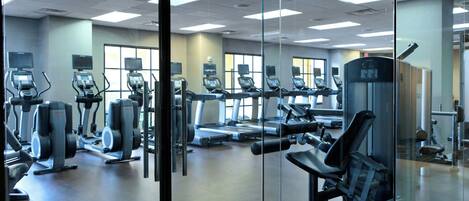 A gym with various exercise machines, large windows, and a glass wall.