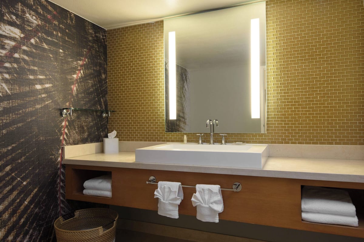 combined shower/bathtub, designer toiletries, hair dryer, bathrobes