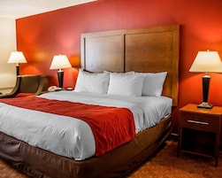 Una habitación de hotel con una cama grande, dos mesitas de noche, una silla y una pared decorada en rojo.