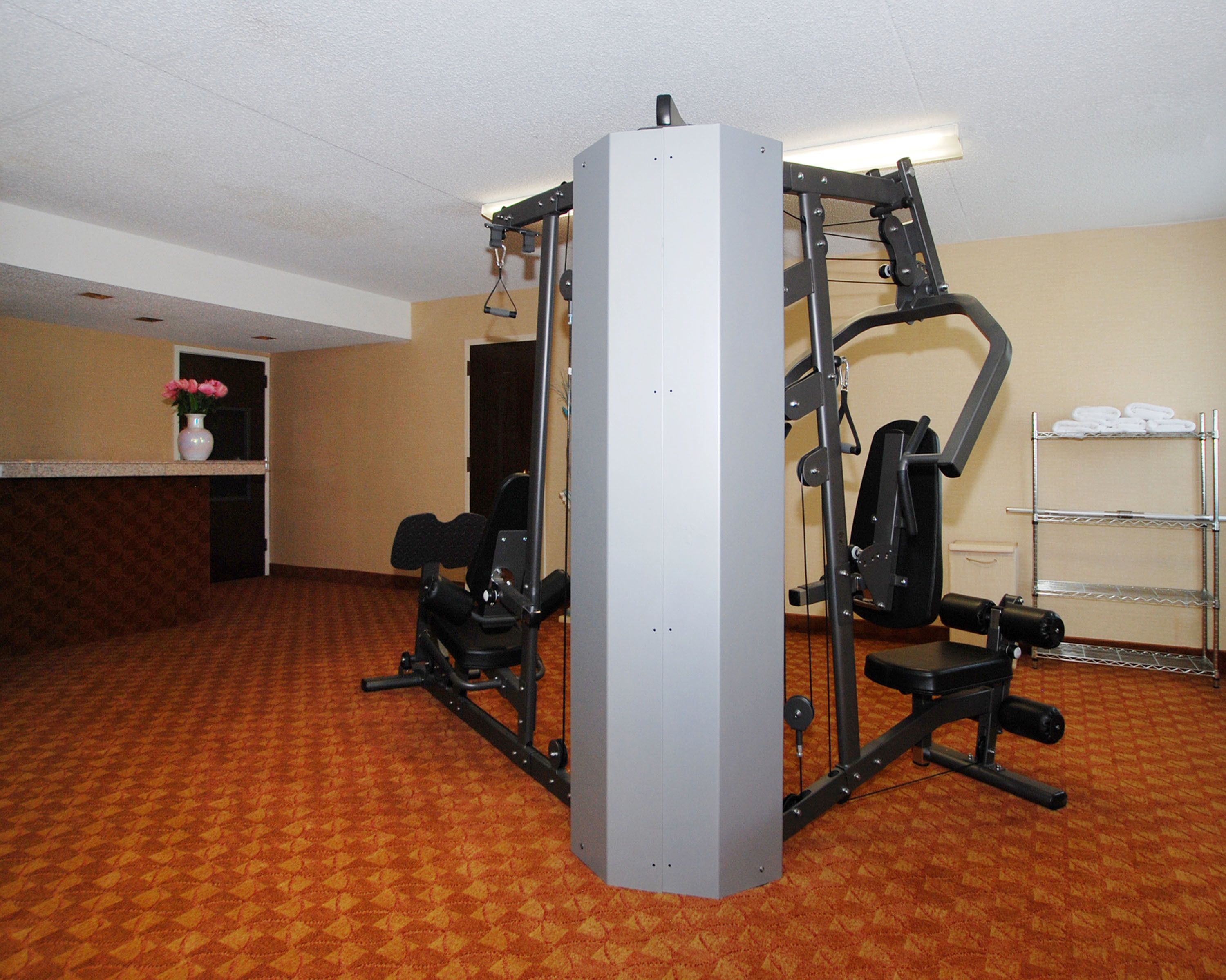 A gym with a weight machine, a bench, and a rack of towels.