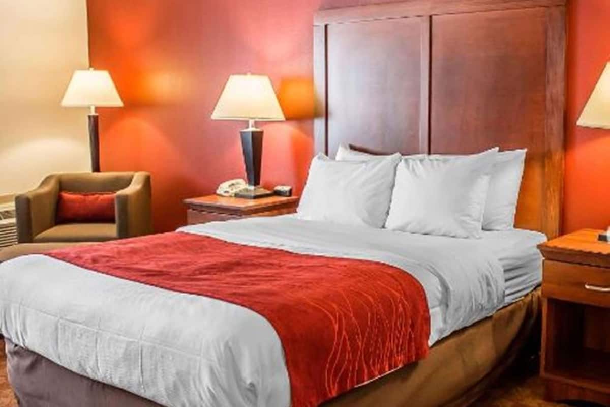 Una habitación de hotel con una cama grande, dos lámparas de noche, un cabecero de madera y una manta roja.