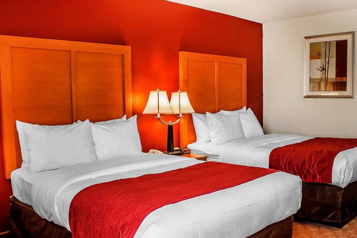 Habitación de hotel con dos camas, cada una con sábanas blancas y mantas rojas. Un mesita de noche con lámpara se encuentra entre las camas. Las paredes están pintadas de rojo y hay un cuadro enmarcado en la pared.