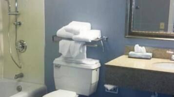 Un baño con inodoro, ducha, lavabo y espejo.