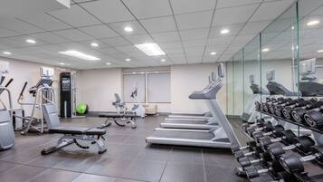 A gym with treadmills, dumbbells, and exercise equipment.