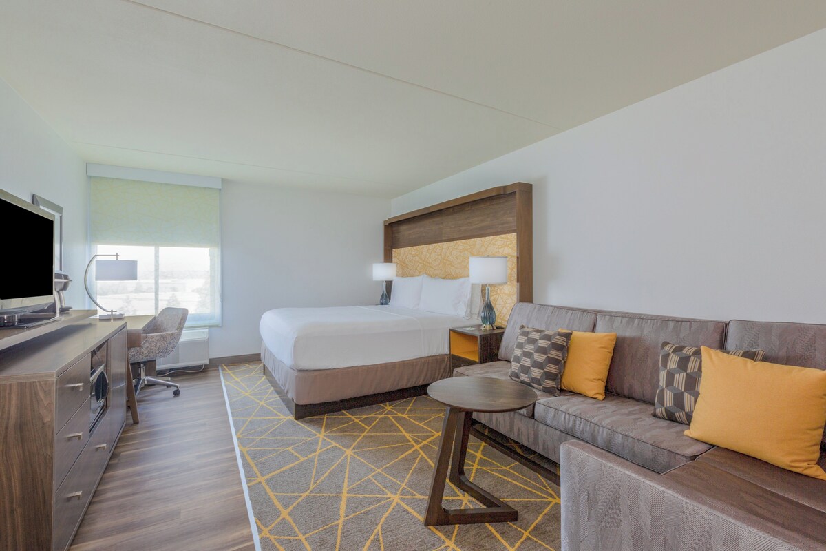 Habitación de hotel con cama, sofá, televisión, escritorio y ventana.