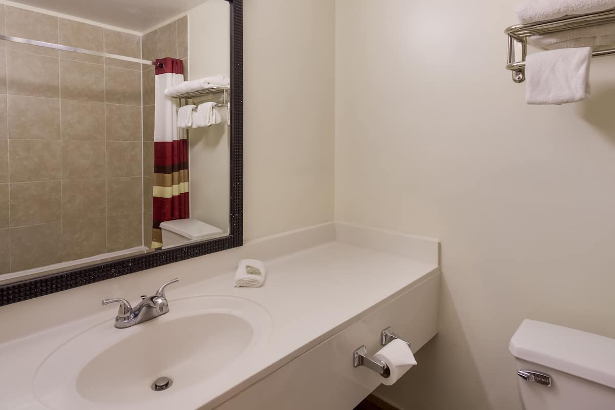 Un baño con lavamanos, espejo, toallero y retrete.