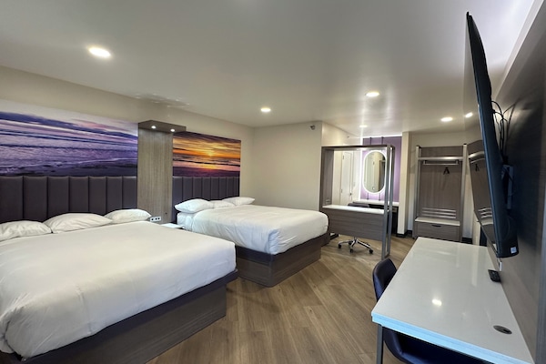 2 Queen Beds with Kitchenette | Desk, laptop workspace, blackout drapes, iron/ironing board