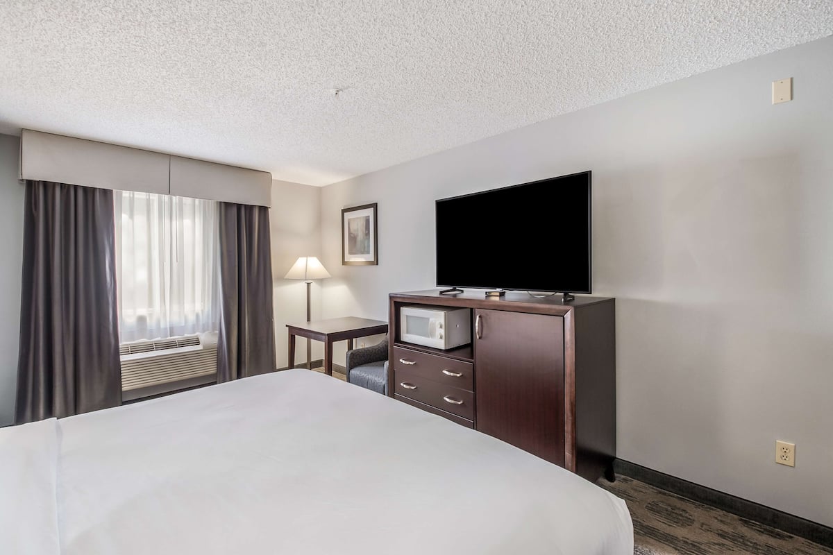 Une chambre d’hôtel avec un grand lit, un téléviseur à écran plat, un four à micro-ondes, un bureau et une chaise.