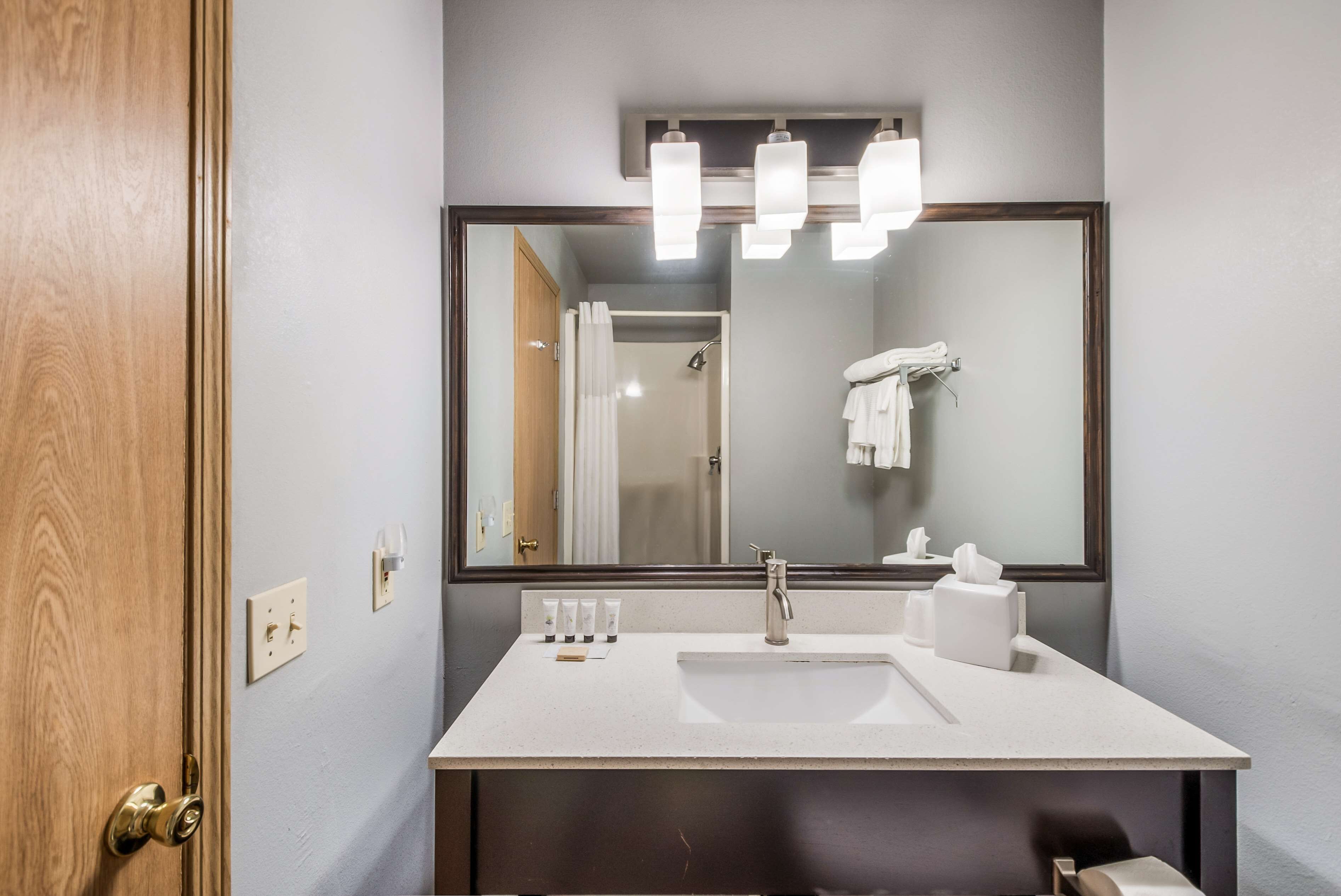 A bathroom with a white sink, a large mirror, and a wooden door.