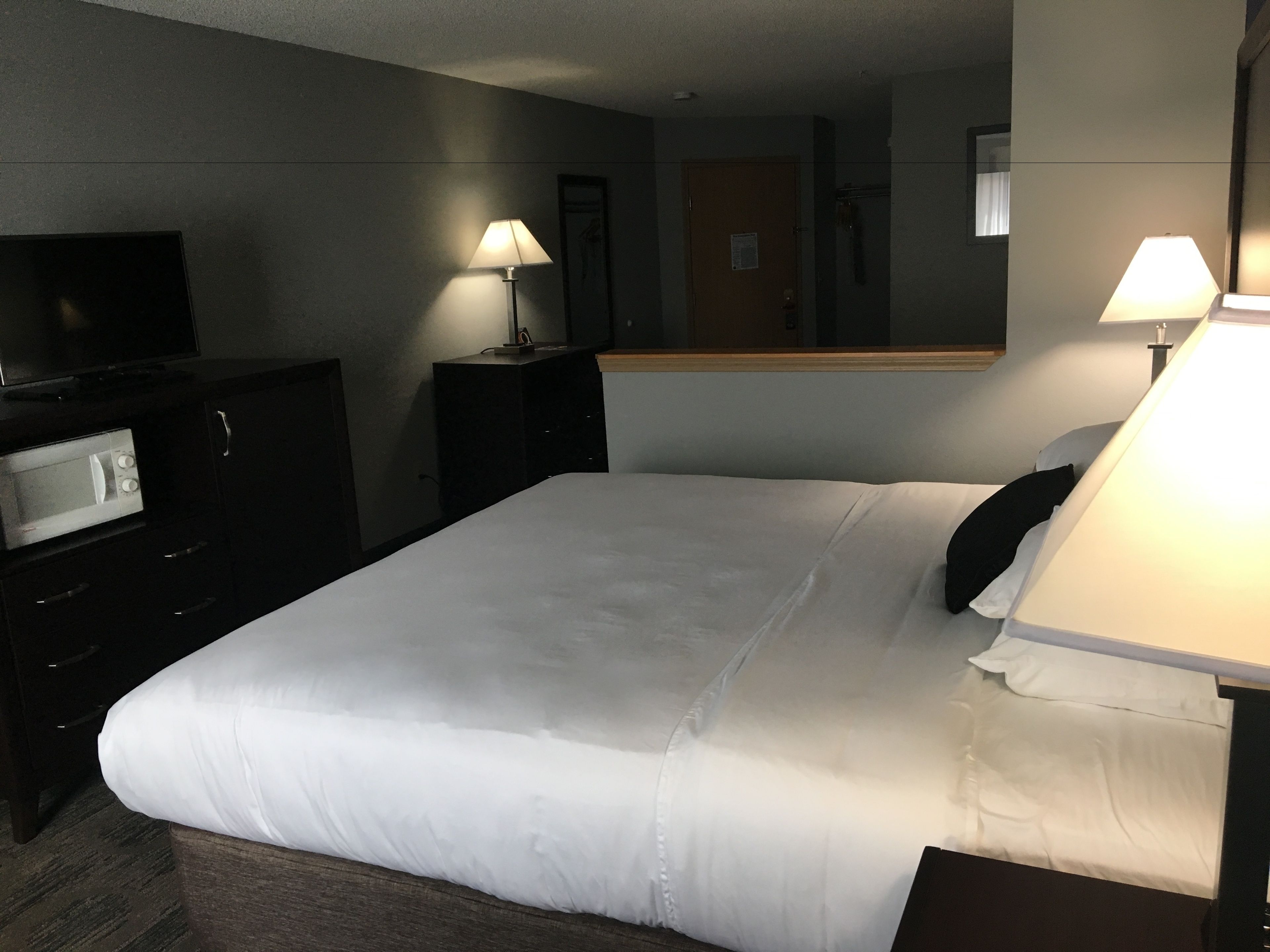 A hotel room with a bed, a TV, a microwave, and two bedside lamps.