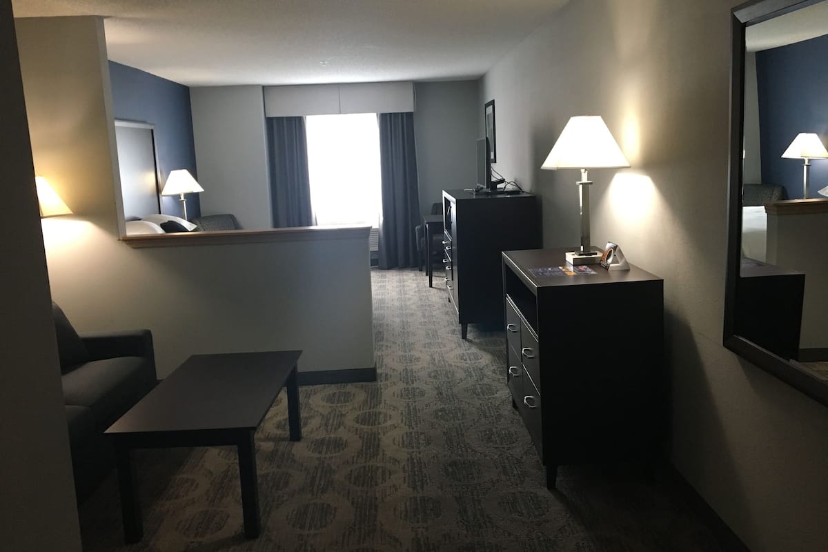Une chambre d’hôtel comprenant un lit, un bureau, une chaise, une commode, un miroir et une lampe.