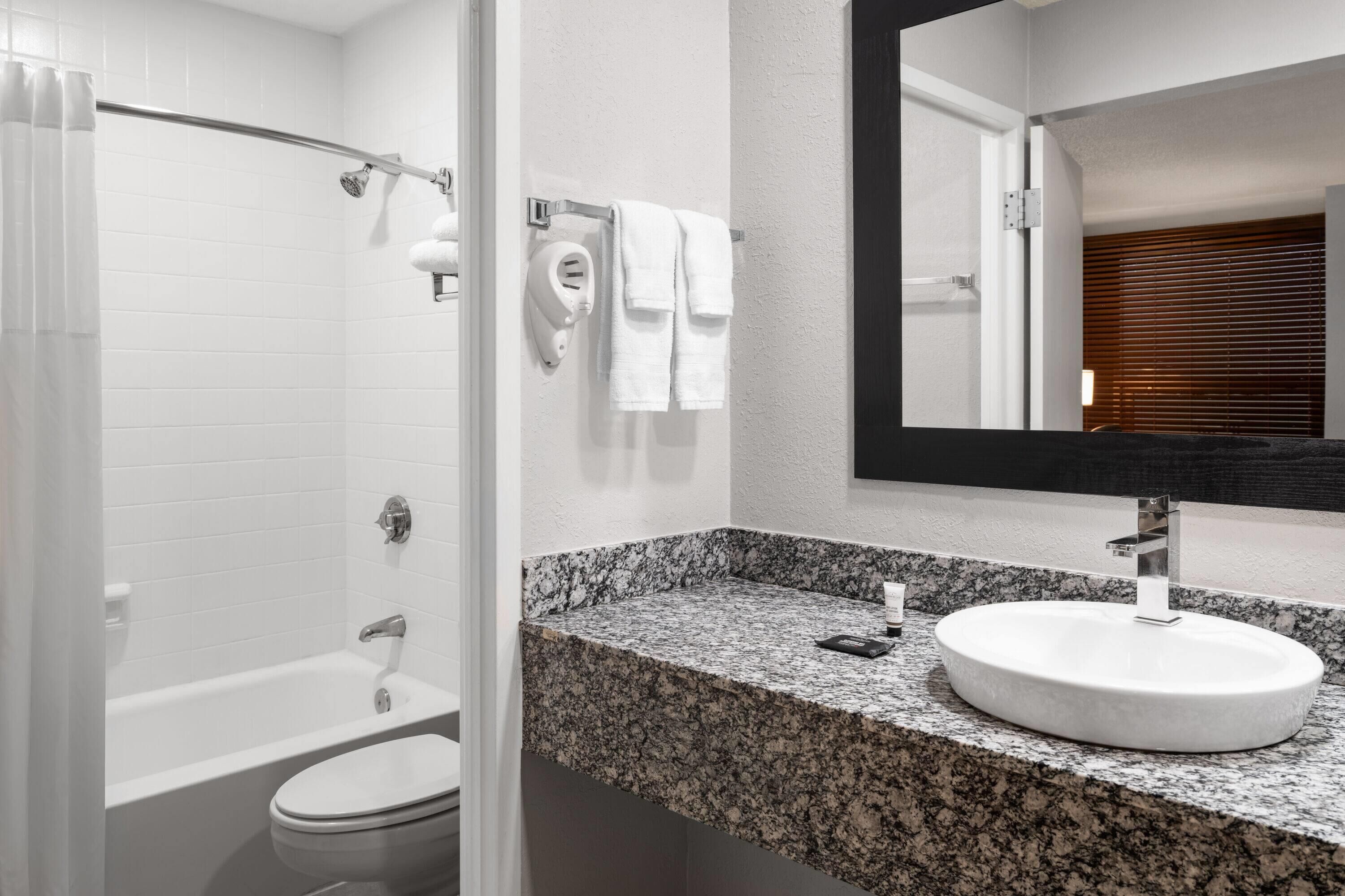 A modern bathroom with a white bathtub, a toilet, a granite countertop, and a large mirror.
