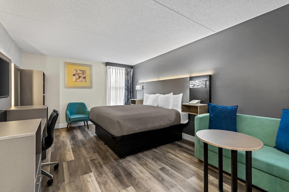 A modern hotel room with a bed, a desk, a green sofa, and a small table.