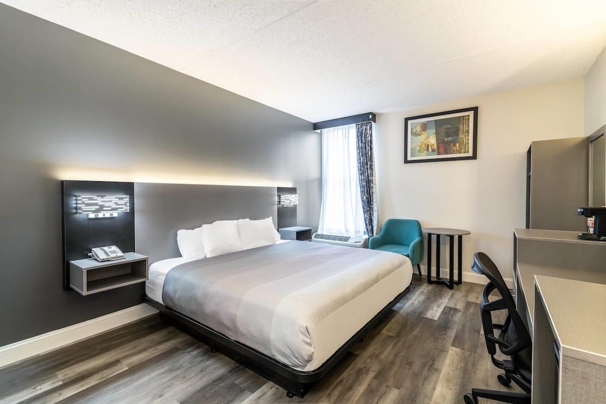 A hotel room with a bed, a desk, a chair, a nightstand, a lamp, a picture on the wall, and a window with curtains.