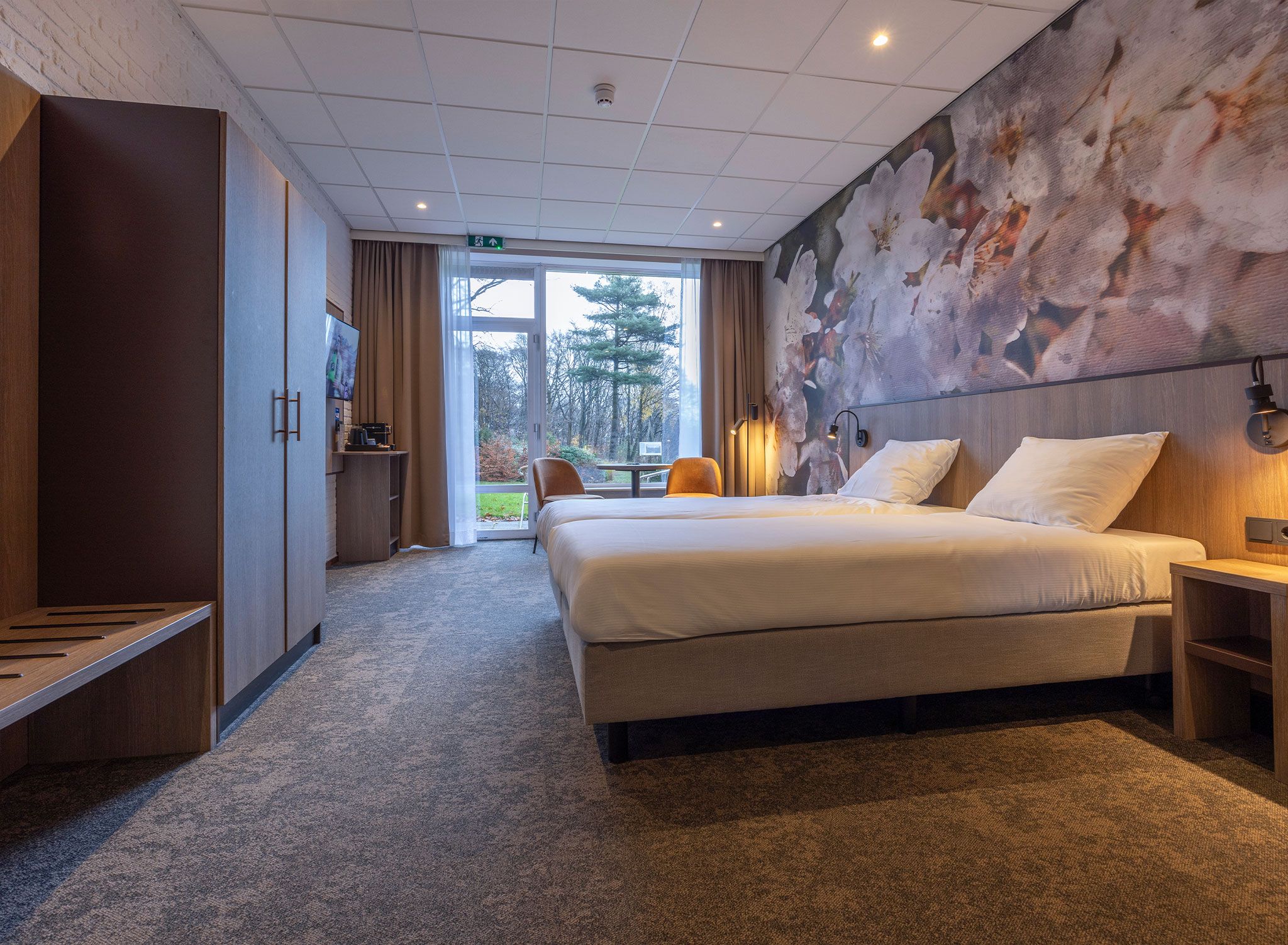 A hotel room with a large bed, a desk, a TV, and a view of trees through the window.