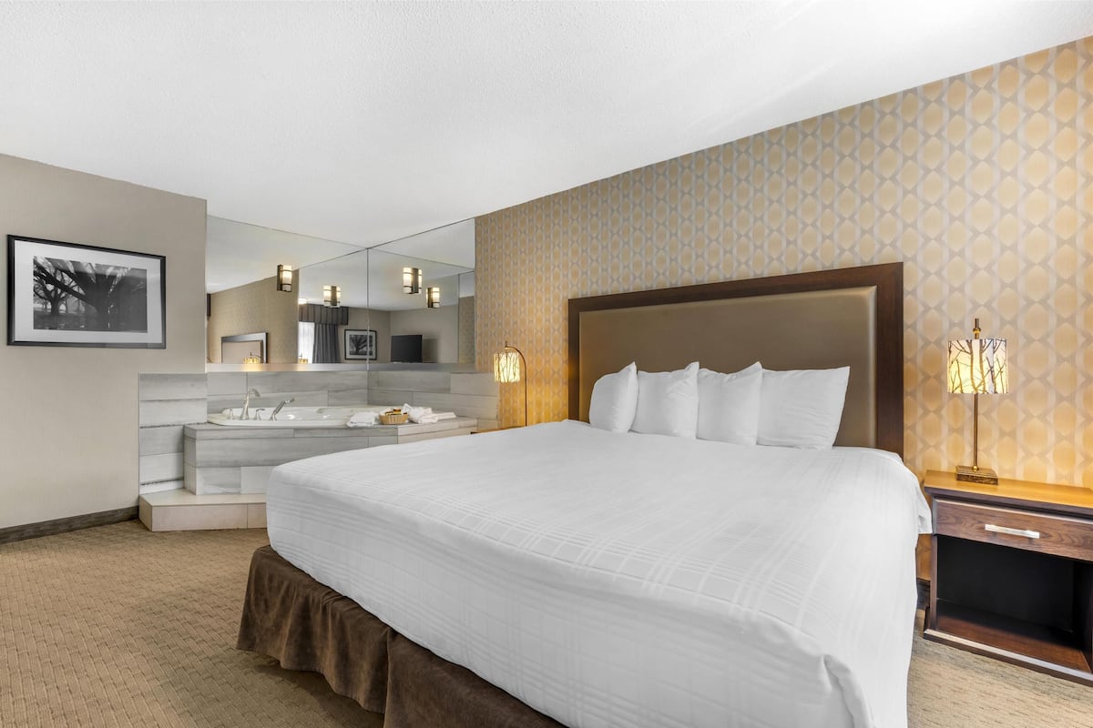 A hotel room with a large bed, a bathroom with a bathtub, a mirror, and a wall with a geometric pattern.