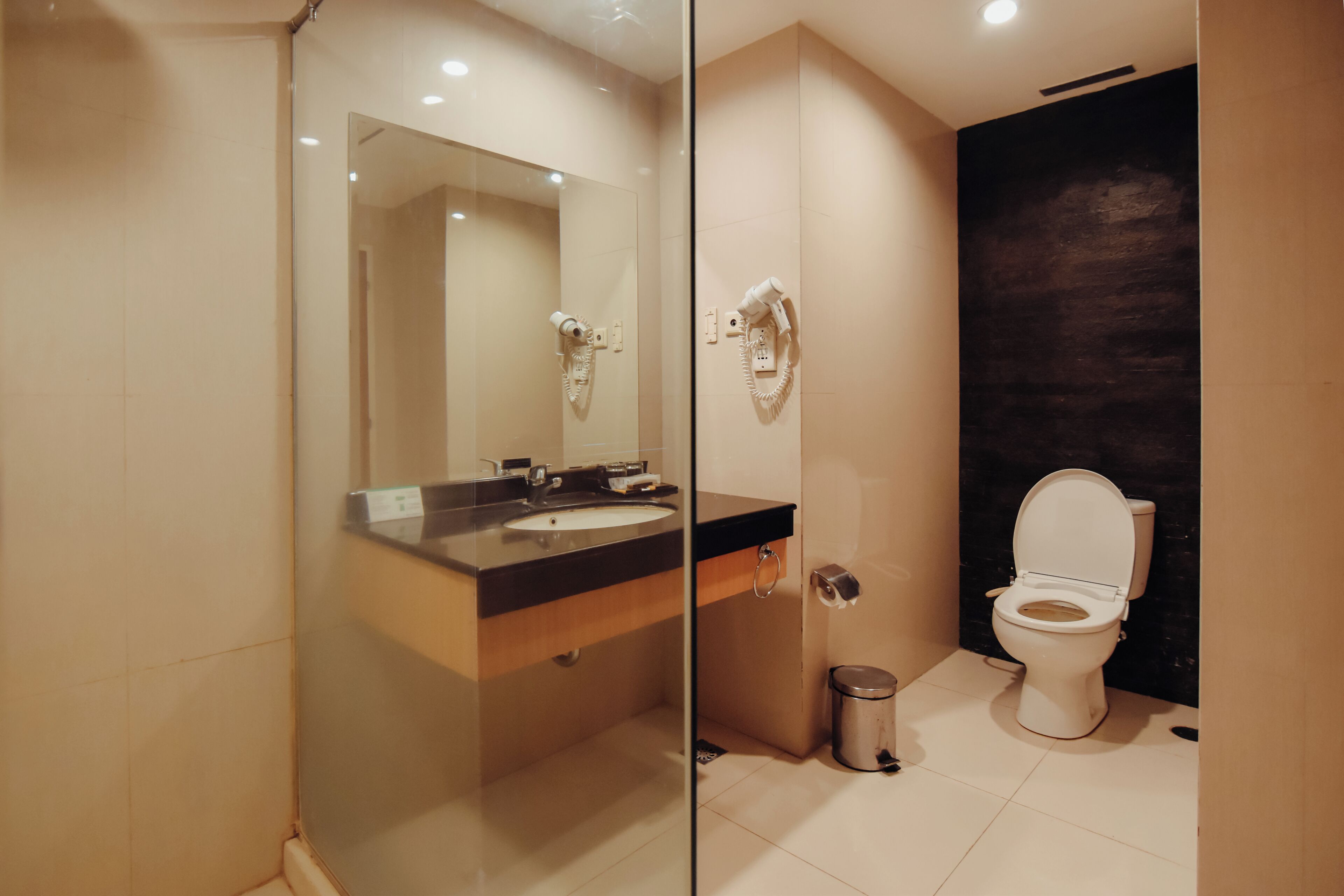 A modern bathroom with a glass-enclosed shower, a sink with a mirror, and a toilet.