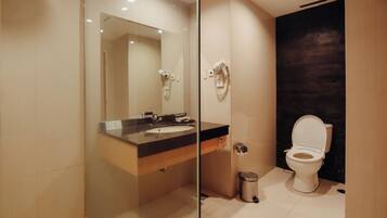 A modern bathroom with a glass-enclosed shower, a sink with a mirror, and a toilet.