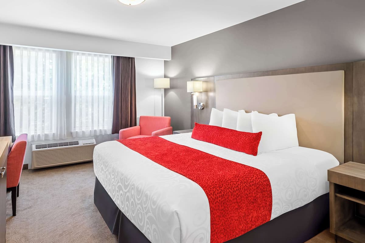 Quarto de hotel com uma cama grande, uma escrivaninha, uma cadeira e uma janela com cortinas.