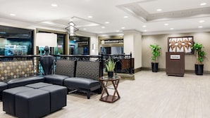 Een moderne lobby met een hoekbank, een receptiebalie en potplanten.