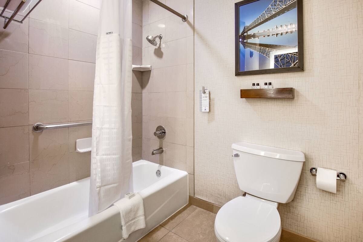 combined shower/bathtub, eco-friendly toiletries, hair dryer, towels