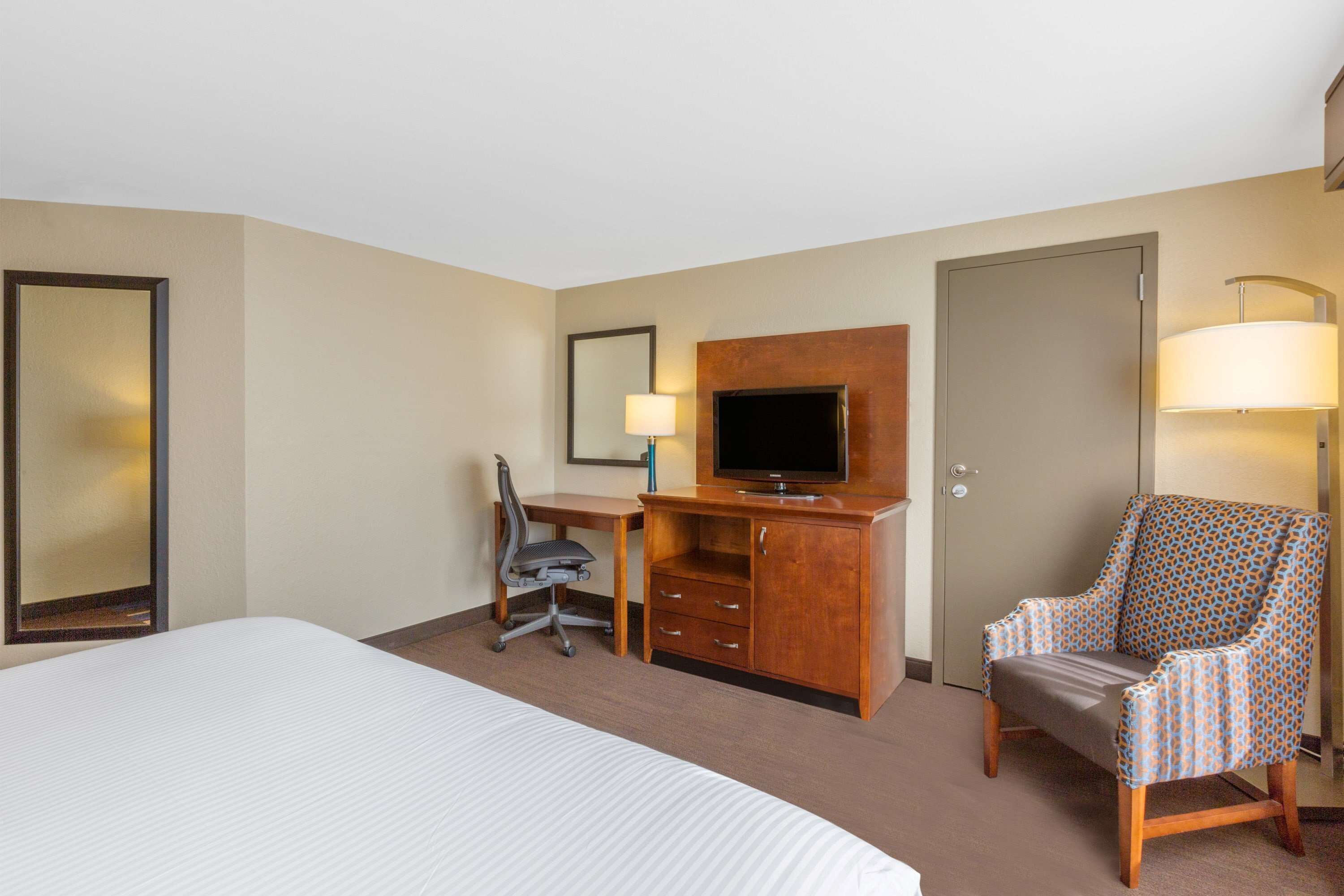 A hotel room with a bed, desk, chair, TV, and a door.