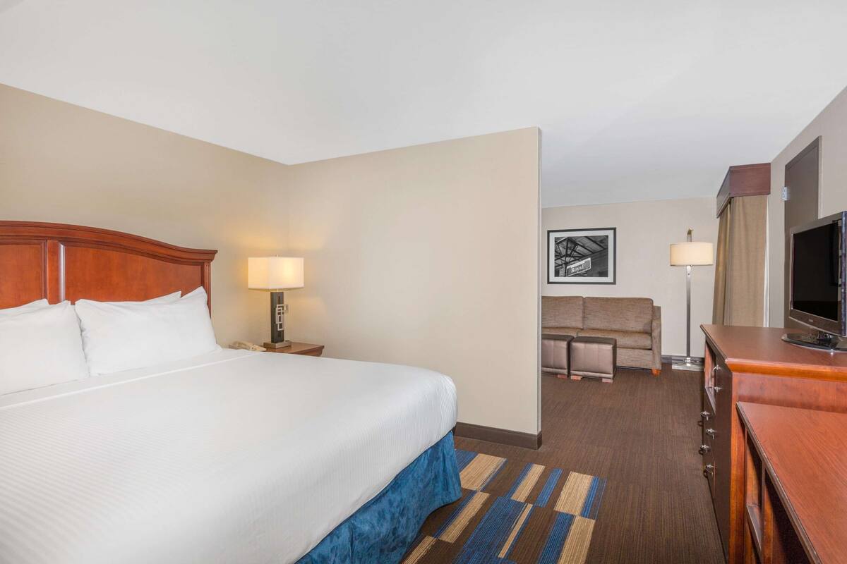 Een hotelkamer met een groot bed, een bureau met een televisie, een stoel en een bank.