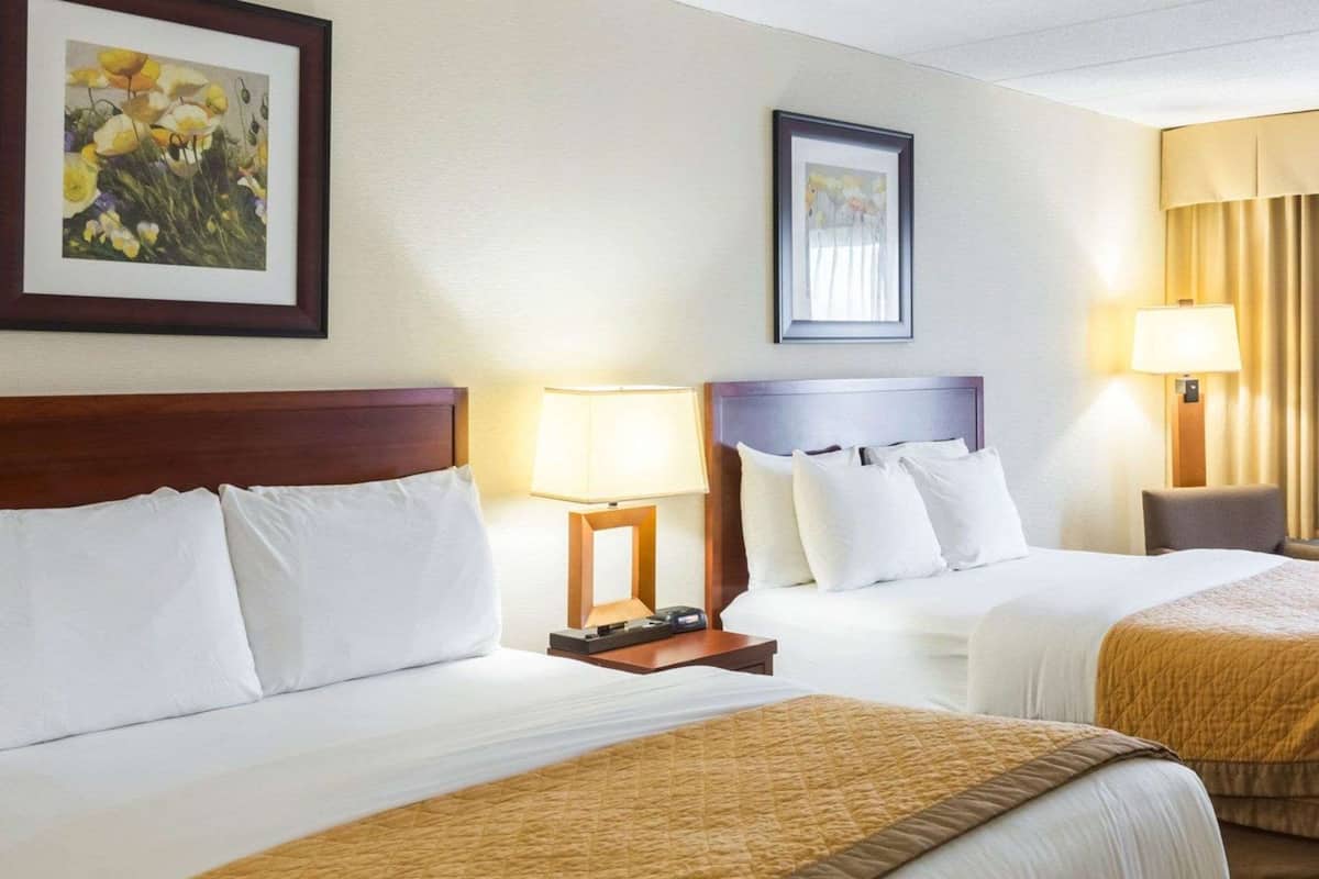 A hotel room with two beds, a wooden headboard, a bedside table with a lamp, and a framed floral painting on the wall.