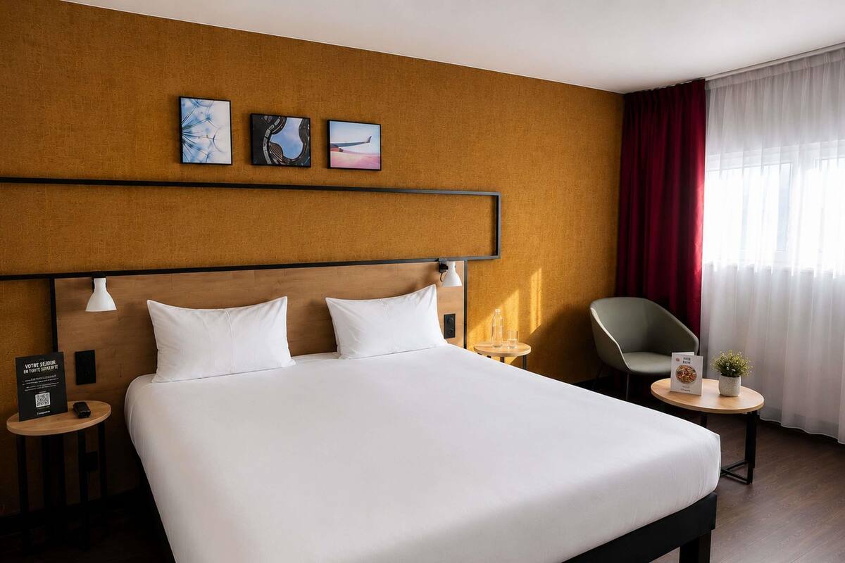 A hotel room with a large bed, a headboard with artwork, a small table with a plant, and a chair.