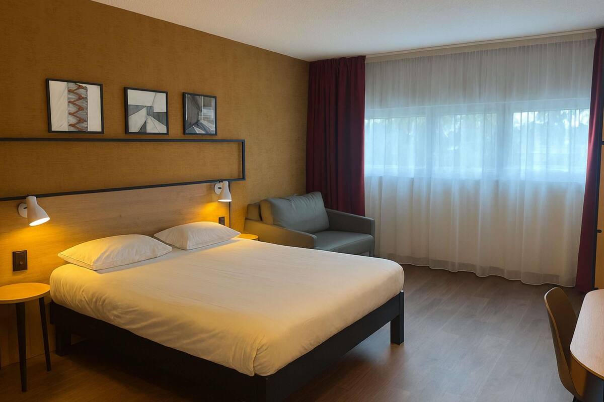 A hotel room with a bed, bedside tables, a sofa, and a window with curtains.