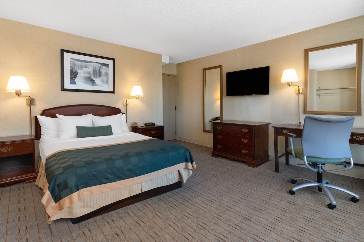 A hotel room with a large bed, two bedside tables with lamps, a dresser, a desk with a chair, a flat-screen TV, and a large mirror.