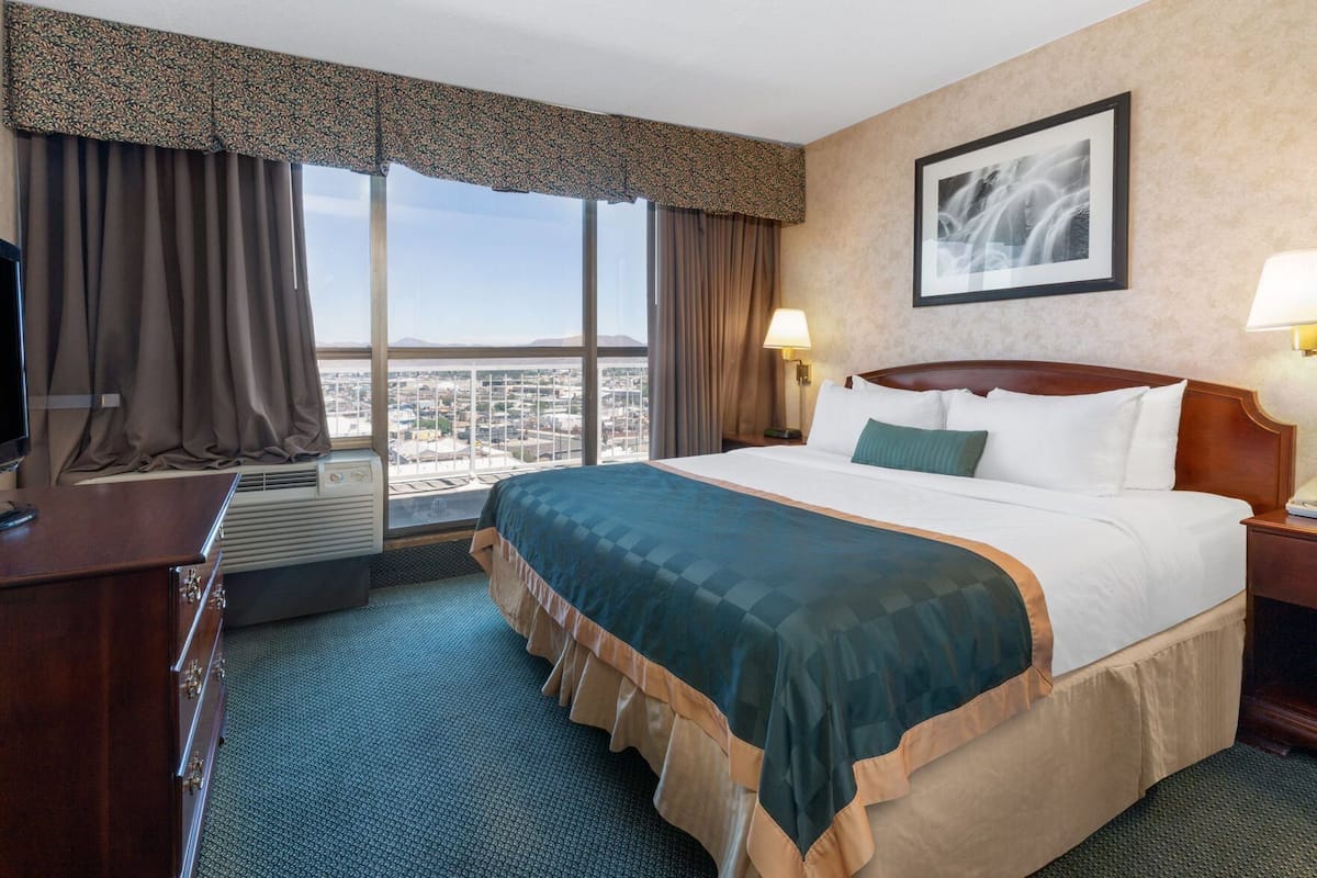 A hotel room with a large bed, a desk, a chair, a television, a window with curtains, and a framed picture on the wall.