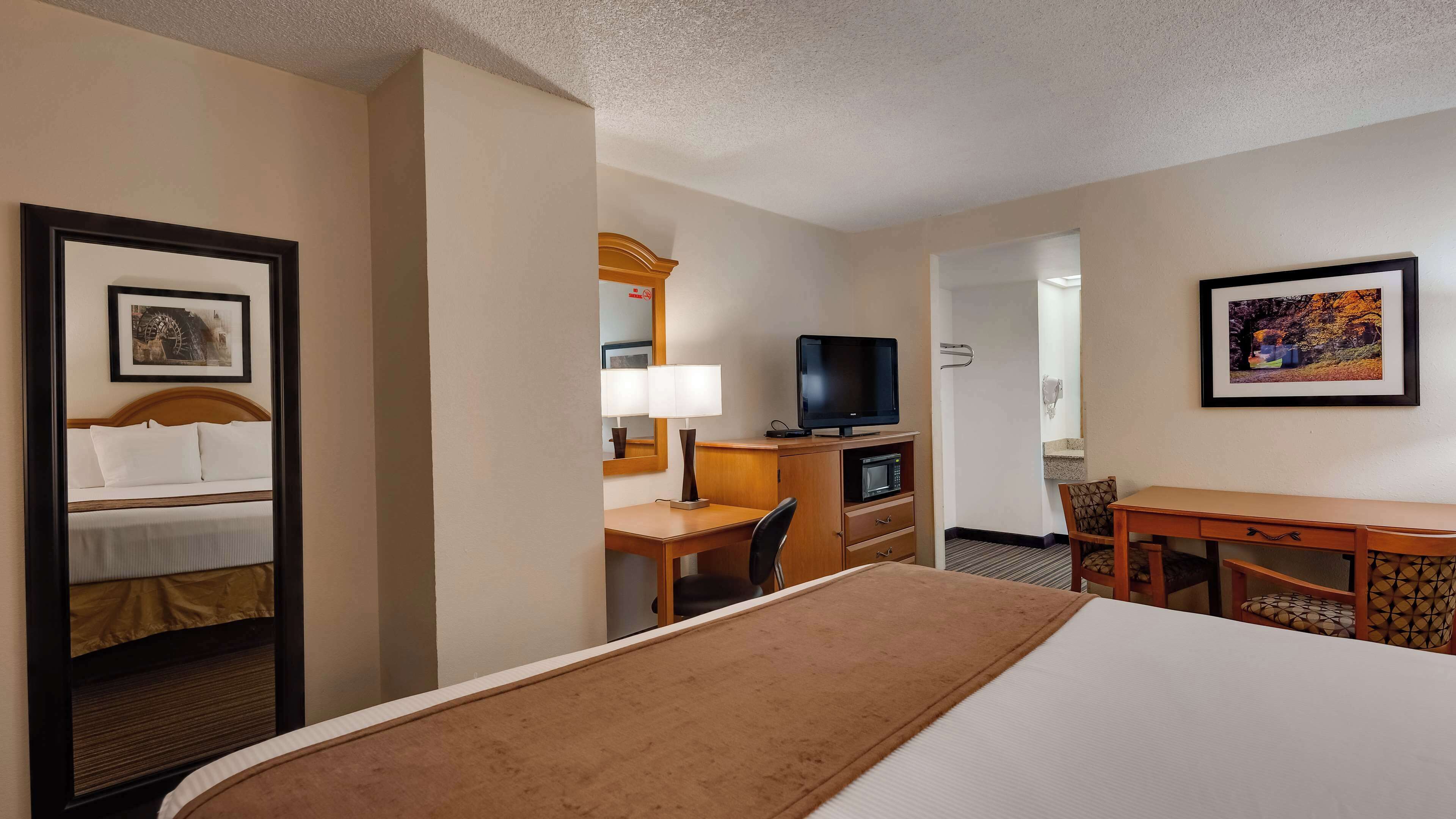 Hotelkamer met een bed, een bureau met stoel, een televisie, een spiegel en een ingelijst schilderij aan de muur.