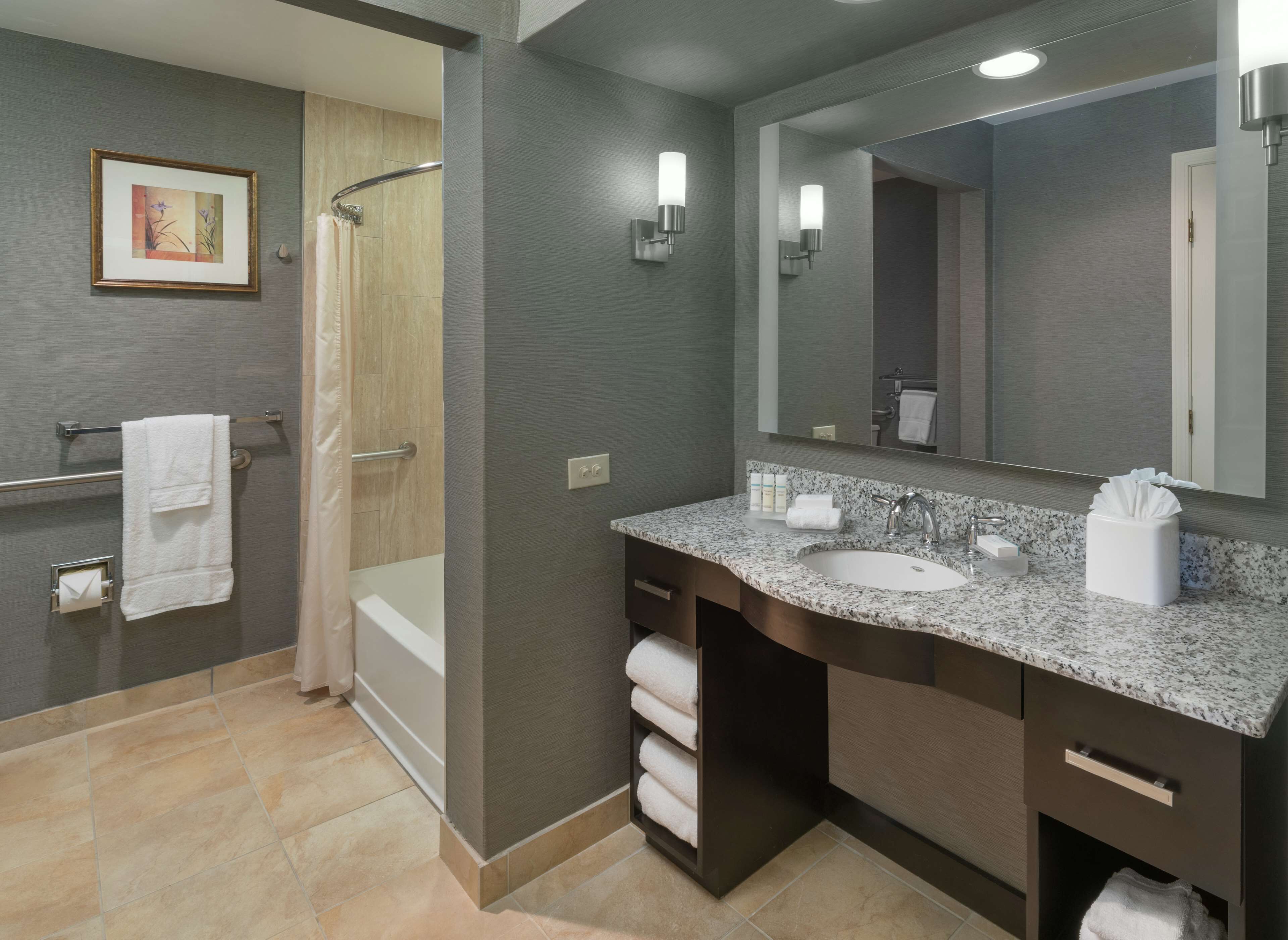 suite, 1 queen bed, accessible, bathtub | bathroom | combined shower/bathtub, free toiletries, hair dryer, towels