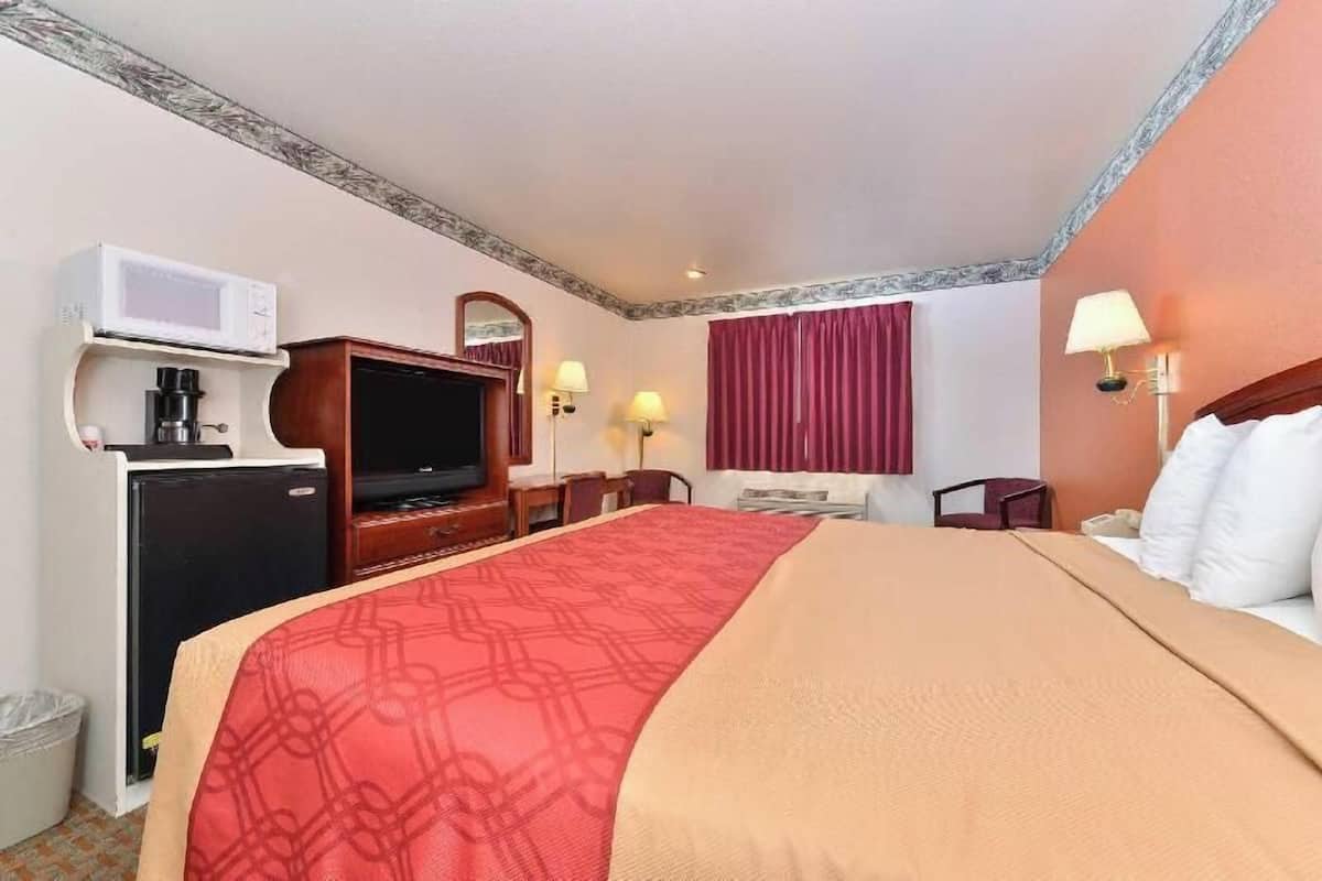 A hotel room with a bed, a television, a microwave, a refrigerator, and a desk with a chair.