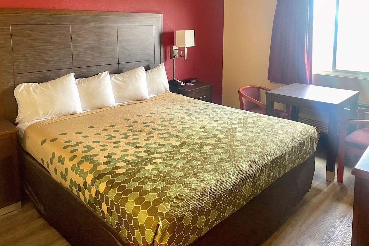 A hotel room with a large bed, a desk, a chair, a nightstand, and a lamp.