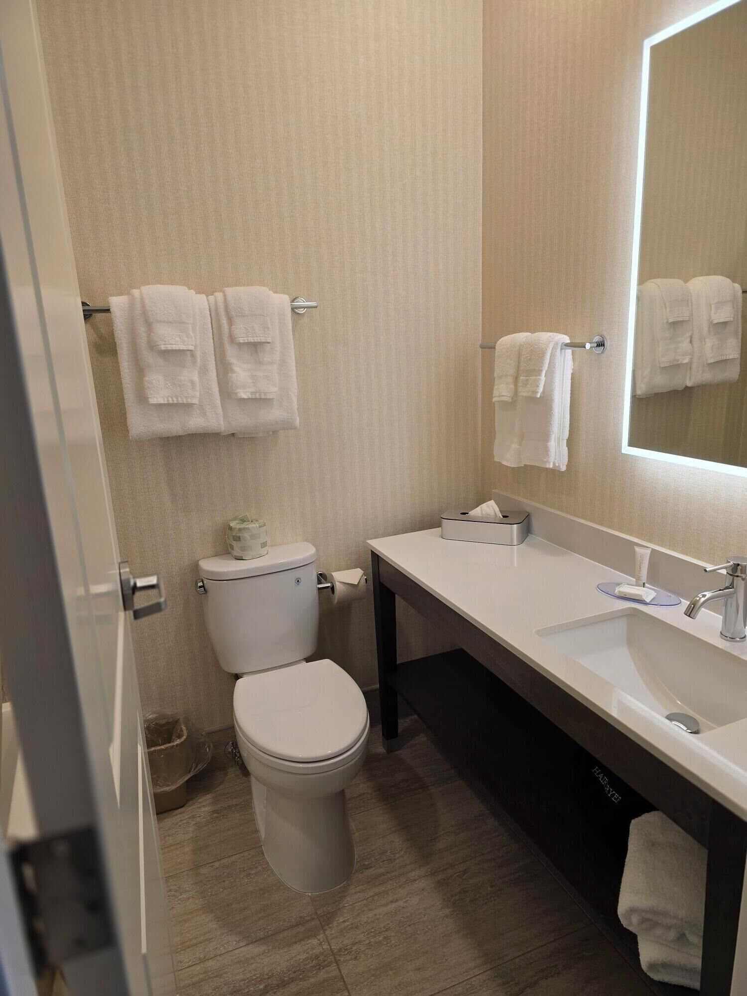 A modern bathroom with a toilet, sink, and mirror. There are towels hanging on the wall and a trash bin next to the toilet.