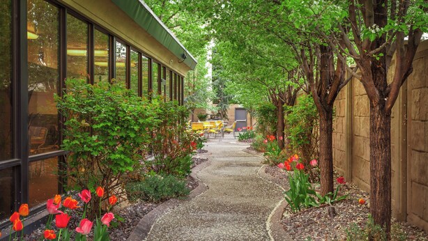 A pathway flanked by lush greenery and red tulips, leading to a yellow table and chairs in a garden setting.