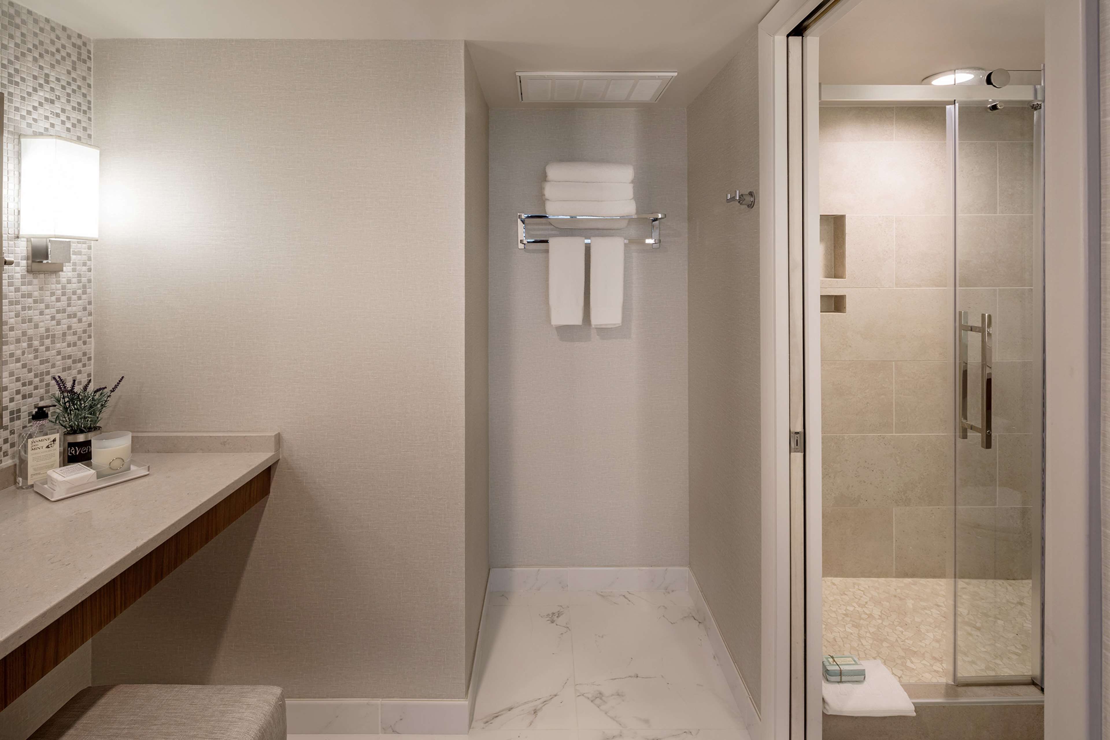 combined shower/bathtub, free toiletries, hair dryer, towels