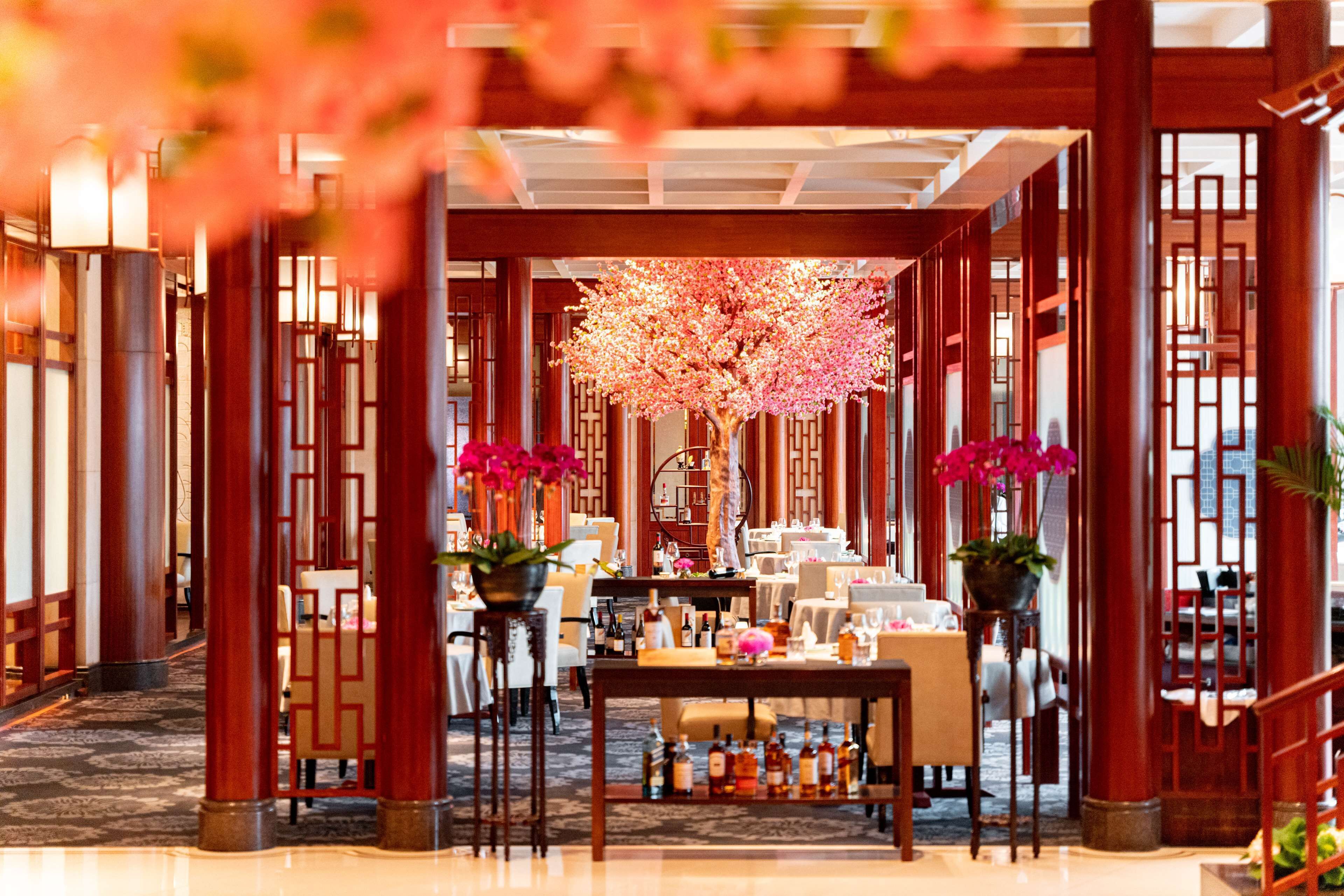 Un hall d’hôtel avec une table centrale, des espaces aménagés pour s’asseoir et un arbre décoratif.