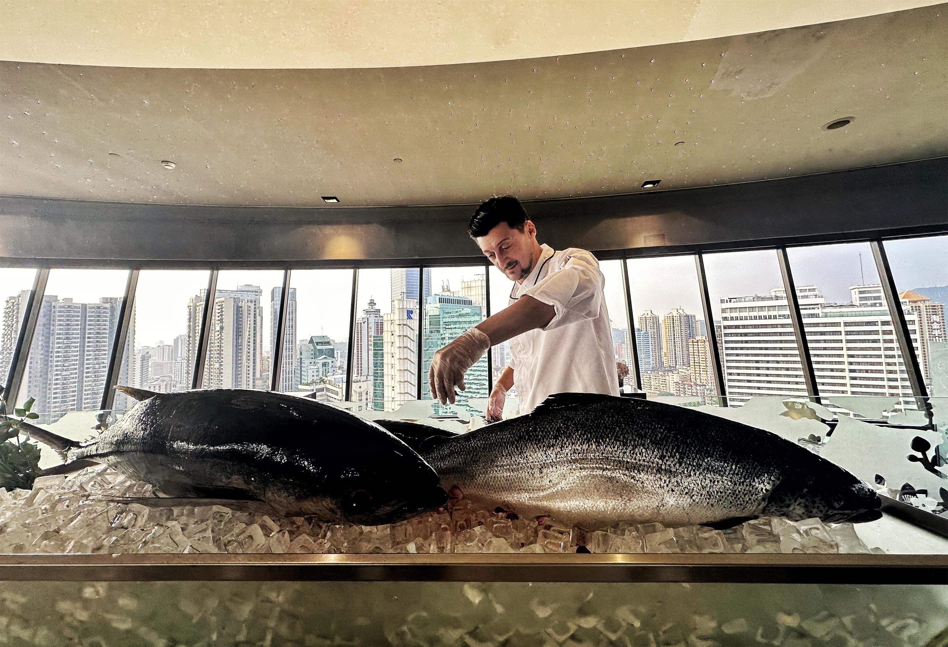 A person handling a large fish on ice in a room with a city view through large windows.
