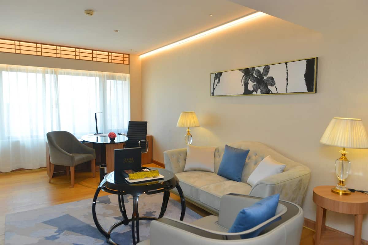 Een moderne woonkamer met een bank, fauteuils, een salontafel en een eettafel.